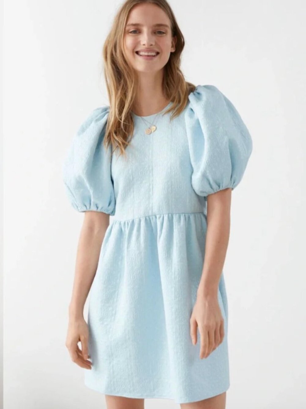 & Other Stories Revolve Light Blue Puff Sleeve Jacquard Mini Dress - Sz M